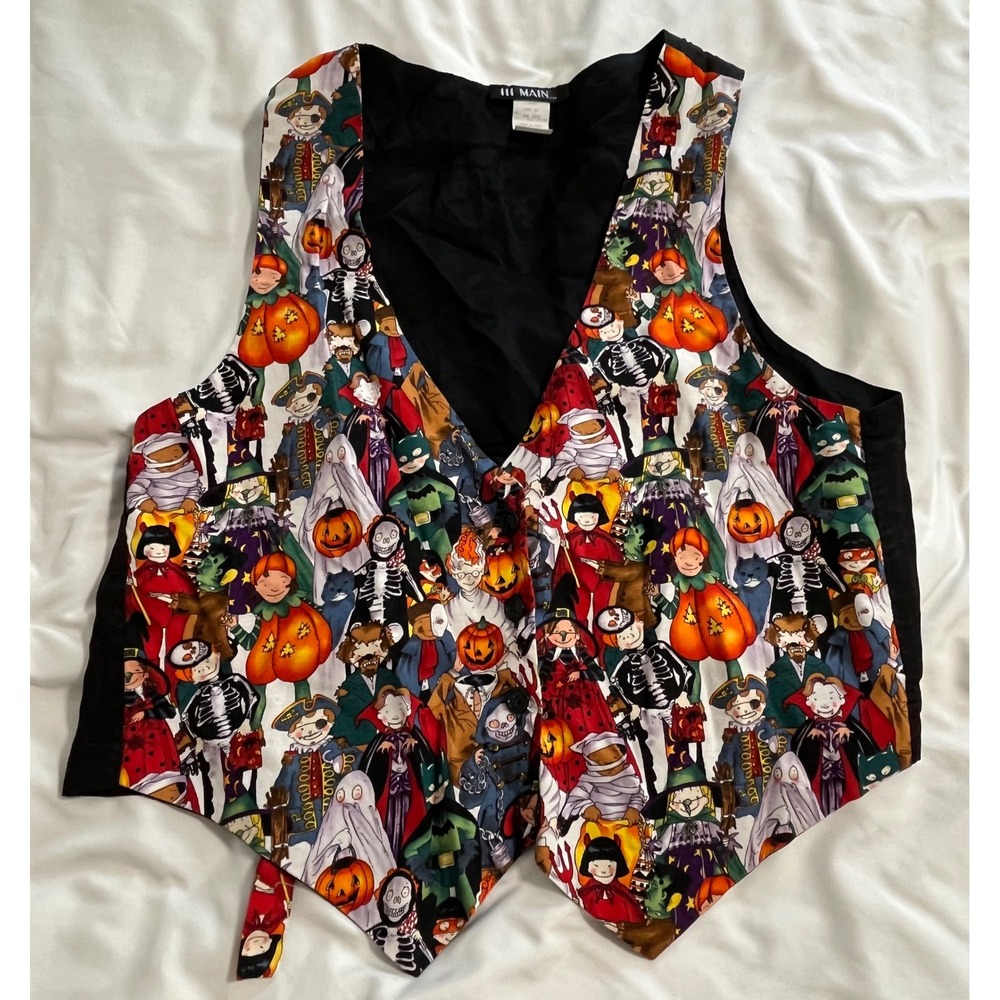 111 Main Vintage Halloween Vest Womens Large Novelty Trick or Treat Print Cotton